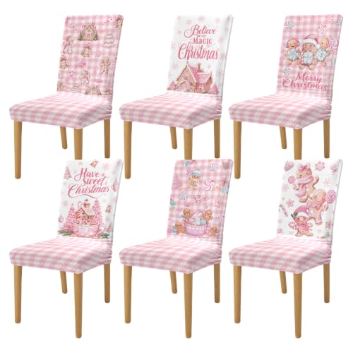 VVXKS Gingerbread-Pink Christmas Chair Covers 6 Pcs, Removable Washable Dining Chair Slipcovers