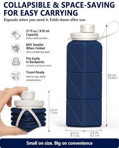 Collapsible Silicone Water Bottle 21oz Leakproof Travel Bottle