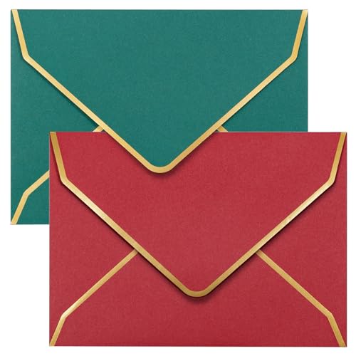 MATICAN 50-Pack A7 Invitation Envelopes with Gold Foil Borders, 5.25 x 7.25 in, Red & Green Christmas Colors