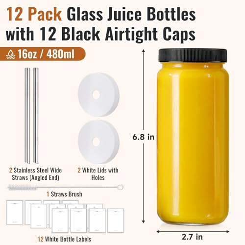 12 Pack 16oz Glass Juice Bottles with Airtight Lids and Reusable Straws