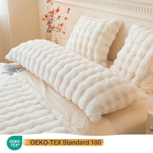 Fluffy Faux Rabbit Fur Body Pillow Cover 20x54, Beige Shaggy Pillowcase