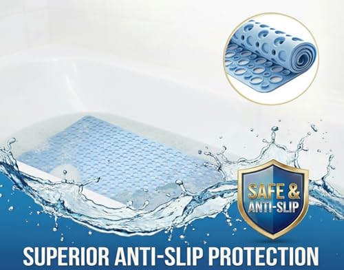 Non-Slip TPE Bathtub Mat with Suction Cups, 30x17 Inch, Blue