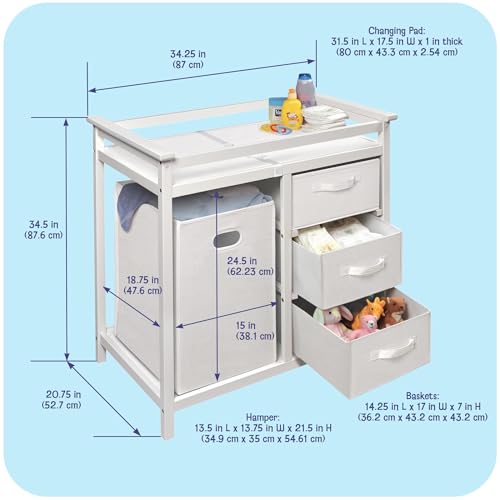 Baby Changing Table with Laundry Hamper and 3 Storage Baskets - White