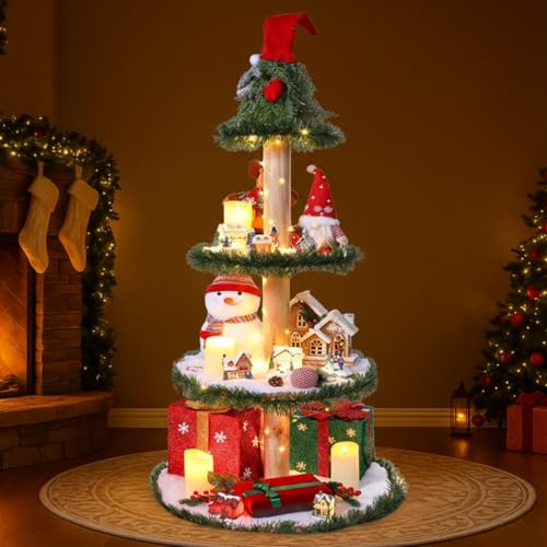 4-Tier Wooden Christmas Tree Display Shelf with Lights & Garland (4 ft)