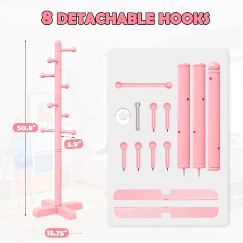 8-Hook Freestanding Wooden Coat Rack, Adjustable Height Pink Coat Tree