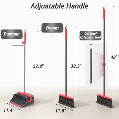 Upright Broom and Dustpan Set with Self-Cleaning Comb for Pet Hair