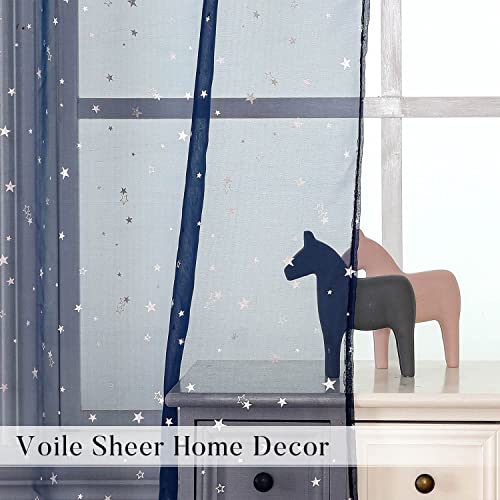 Navy Blue Star Sheer Curtains for Kids Nursery - 106-Inch Long Rod Pocket