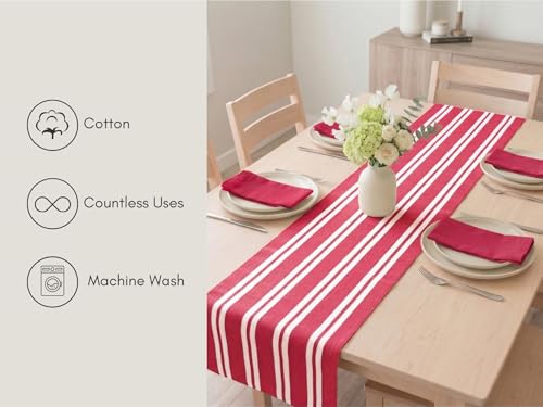 PurpleEssences Red & White Double Stripe Ribbed Cotton Table Runner 14x72