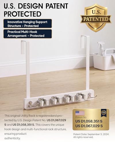 Over the Door Broom and Mop Holder - 4 Slots 4 Hooks Wood Rack