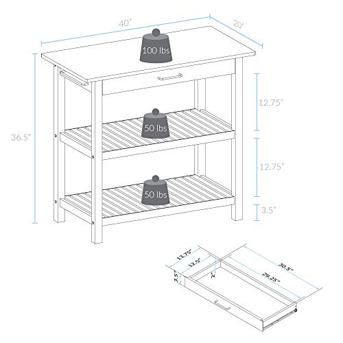 Solid Wood Kitchen Island Cart with Storage Shelves and Drawer, 40-Inch