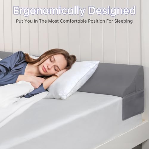 King Size Bed Wedge Pillow - Gap Filler with Phone Pockets (76"x10"x7", Grey)