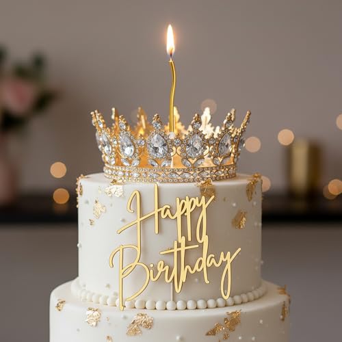 3-Piece Gold Rhinestone Crown Cake Topper Set with Candles