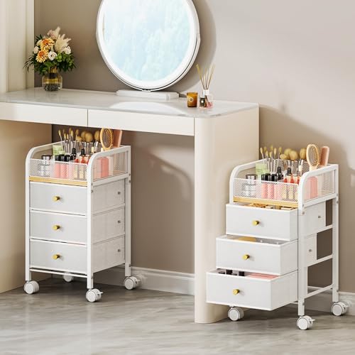 White 4-Tier Rolling Makeup Organizer Cart with 3 Drawers & 9 Compartments
