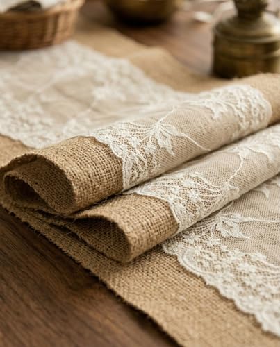 Ephyrosa 79" Burlap Table Runner with Lace – Rustic Farmhouse Decor
