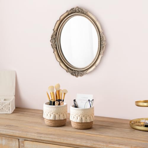 Mkono Mini Boho Macrame Makeup Brush Holder Set of 2 - Yellow & White, X-Small