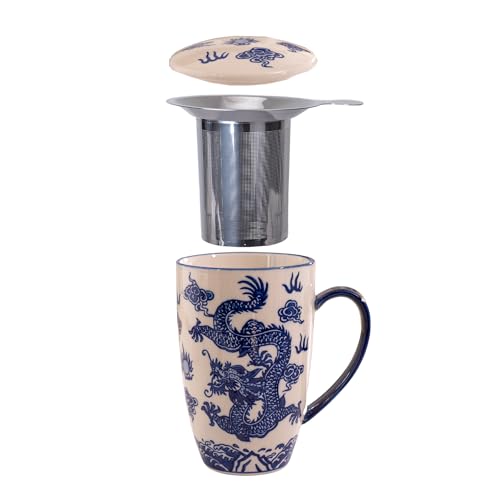 Urban Tokyo Ryu Dragon Tea Mug with Lid & Stainless Steel Infuser 15oz Porcelain
