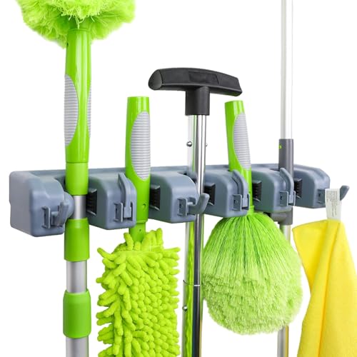 Heavy Duty Wall Mount Broom and Mop Holder with 6 Hooks and 5 Slots