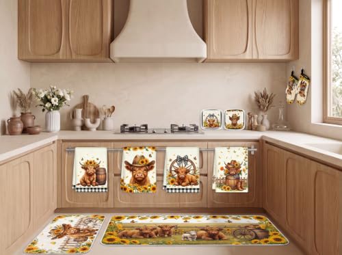 10-Piece Highland Cow Kitchen Decor Set with Sunflower Towels and Oven Mitts