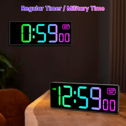 Large LED Digital Wall Clock - 10" 8 RGB Color Display with Auto DST & Dimmer