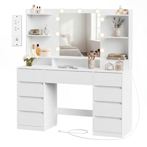 Modern Vanity Desk with Mirror, Lights, and 9 Drawers - White