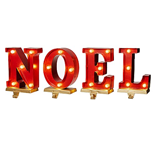 Red Noel Christmas Stocking Holders Set of 4 - Decorative Metal & Wooden Hangers for Fireplace Mantel