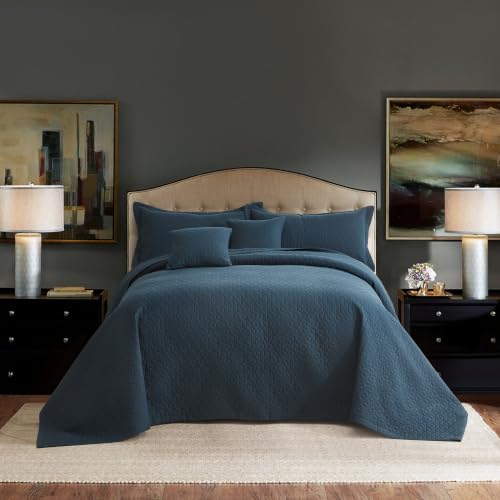 Blythease Oversized King Bedspread Set 128x120 - 5-Piece Navy Quilted Coverlet