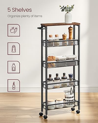 Slim 5-Tier Rolling Storage Cart, 5.1-Inch Narrow Organizer with Wheels