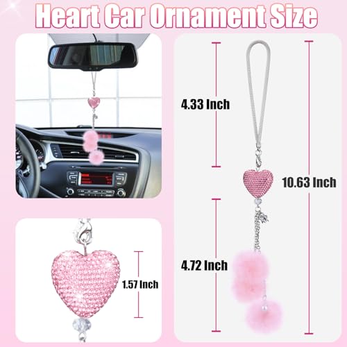 Bling Pink Heart Car Rear View Mirror Ornament with Plush Pom Poms