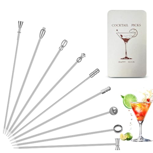 Silver 9 Pcs Stainless Steel Martini Cocktail Picks Set - Reusable Garnish Skewers