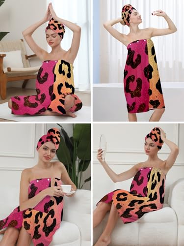 Women's Leopard Print Microfiber Bath Towel Wrap & Hair Turban Set
