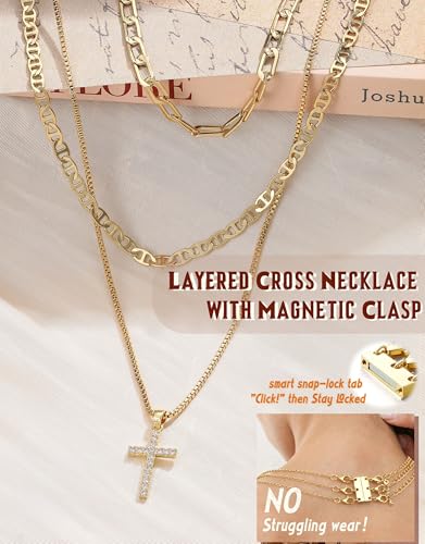 Krfy 3Pcs Gold Plated Cross Necklace Set with Magnetic Clasp for Women