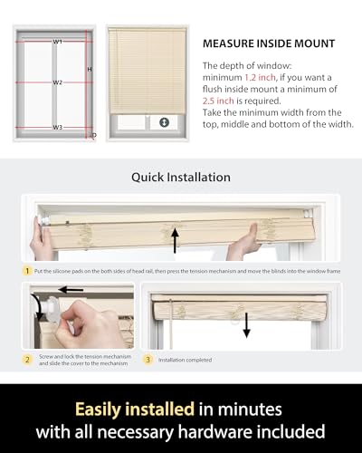 Cordless No-Drill Mini Blinds, 31" W x 64" H, White - L-Shaped Slats for Enhanced Privacy
