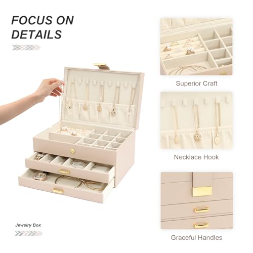 V-LAFUYLIFE Apricot 3-Layer Jewelry Box with 2 Drawers - Large Capacity Organizer