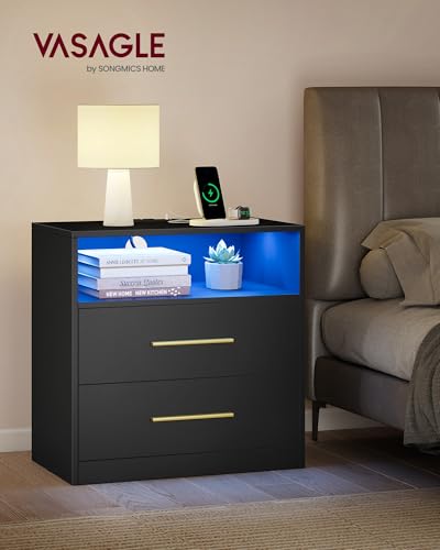 23.6-Inch Wide Nightstands Set of 2 with LED Lights & Charging Station