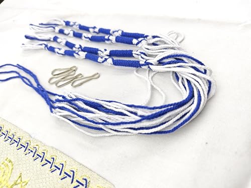 Tzitzits Set with Durable Hooks for Pants and Jeans - 16-Inch Blue White