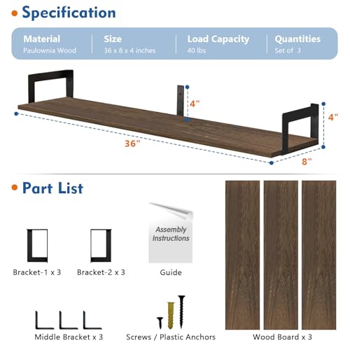 36-Inch Long Floating Wall Shelves, Set of 3 Rustic Wooden Storage Ledges