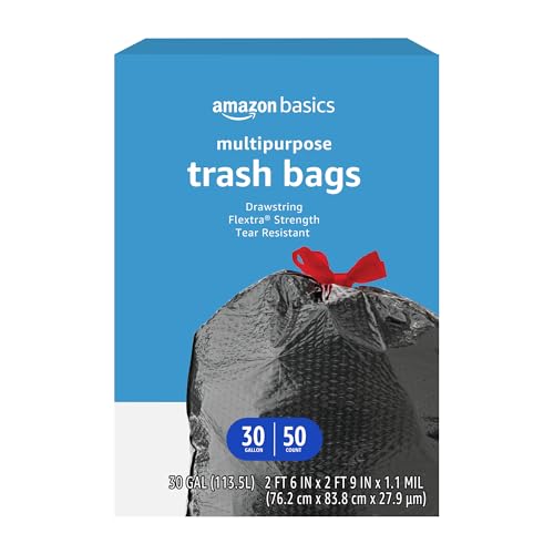 Multipurpose Drawstring Trash Bags - 30 Gallon, 50 Count, Tear Resistant