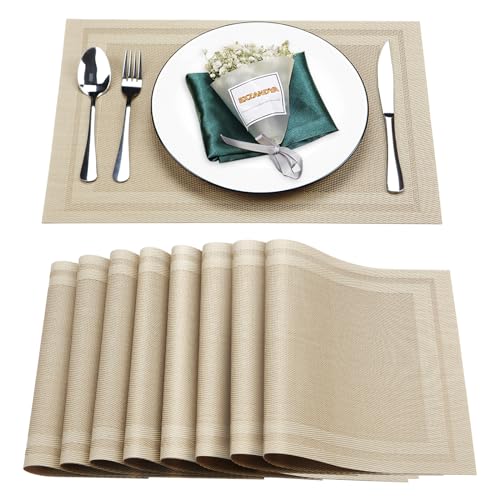 Beige Vinyl Placemats Set of 8 - 18x12 Inch Washable Table Mats, Durable PVC Dining Decor