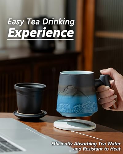 ZENS 15.2oz Blue Tea Cup with Infuser, Lid & Coaster - Handcrafted Ceramic