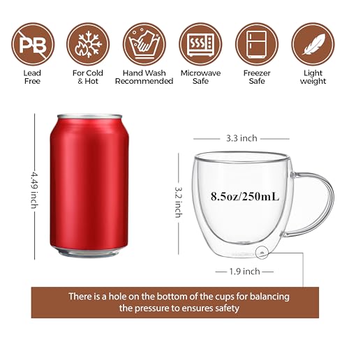 CNGLASS 8.5oz Set of 4 Double Wall Insulated Glass Coffee Mugs with Handle