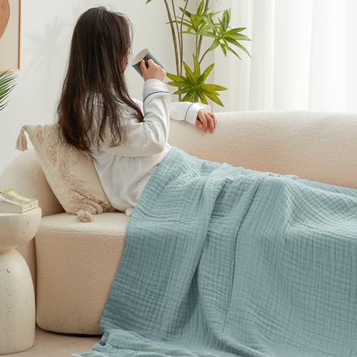 100% Cotton Muslin King Blanket - 6-Layer Lightweight Gauze Throw (Cyan)