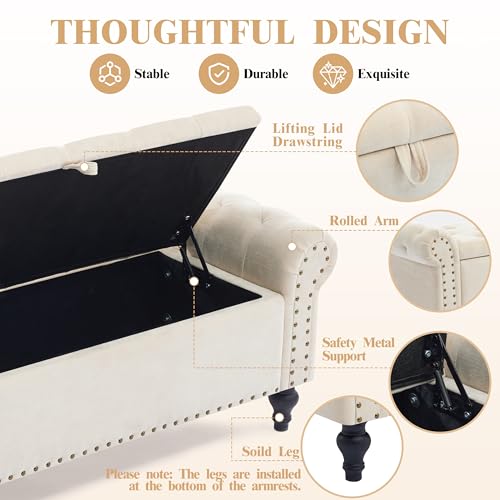 51-Inch Upholstered Storage Bench with Rolled Arms and Button Tufting