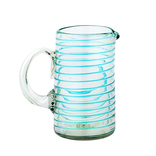 Mexican Handblown Glass Pitcher with Aqua Swirl - Eco-Friendly, Lead-Free, Dishwasher Safe