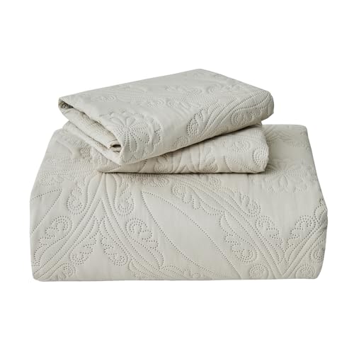 Oversized King Bedspread Set 128x120 - Ultrasonic Quilted Beige Coverlet