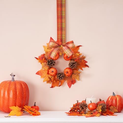 2-Pack Mini Fall Wreaths with Plaid Ribbons - Candle Ring Decor for Table