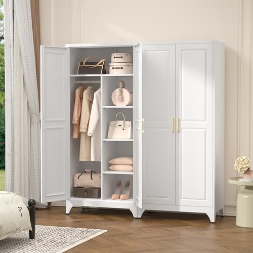71" Tall Metal Wardrobe Closet with Hanging Rod and Adjustable Shelves, White
