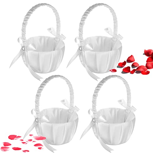 4-Piece White Satin Flower Girl Baskets with Pearl Bows for Weddings