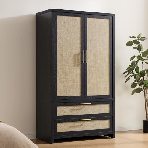 Rattan Armoire Wardrobe Closet with Drawers - 71-inch Boho Storage Cabinet