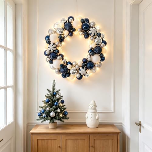 18in Christmas Ball Wreath with Lights – Silver Blue White, Pre‑assembled Front Door Decor