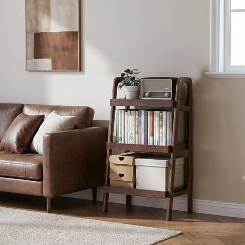 Walnut Solid Wood Ladder Shelf 3-Tier Bookcase Storage Display Stand